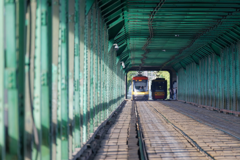 Trams running on a Warsaw bridge